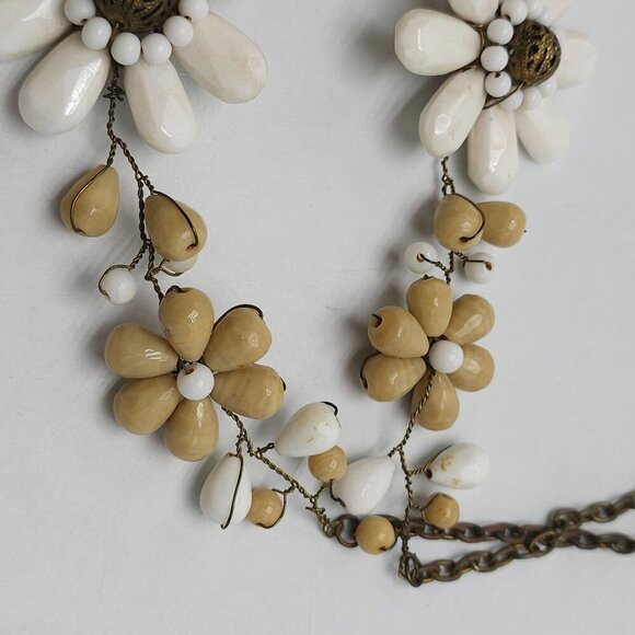 Boho Floral Necklace With Beige  White Polished Stones Chain Tassel Artisan - Picture 6 of 10
